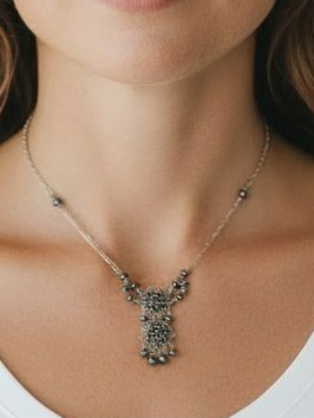 Liz Palacios Vintage Gothic-Victorian Rosette Pearl Y-Drop Statement Necklace